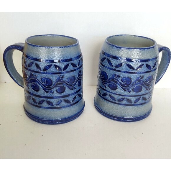 Vintage Ceramic Beer Stein Mugs Salt Glazed Colbalt Blue Gray Stoneware Germany - Picture 1 of 12
